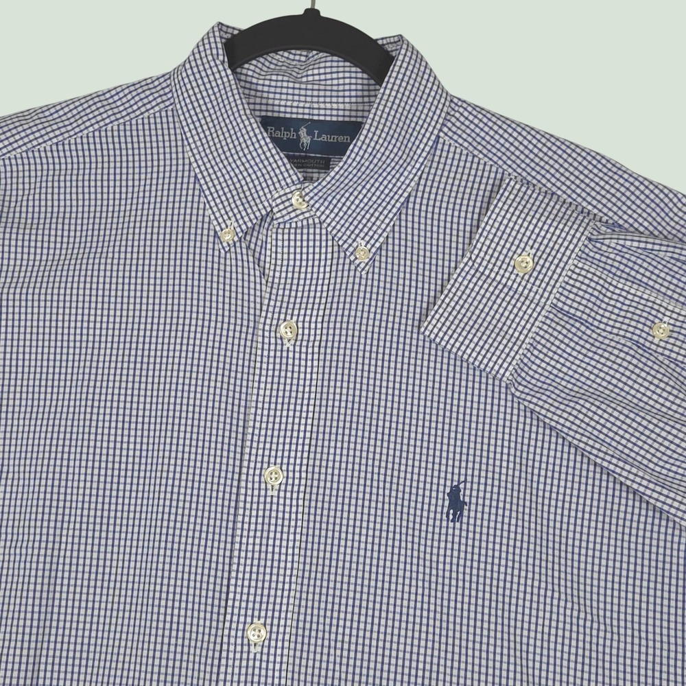 Ralph Lauren Mens 16-35 Yarmouth Button Down Dress Shirt Blue White Check Plaid